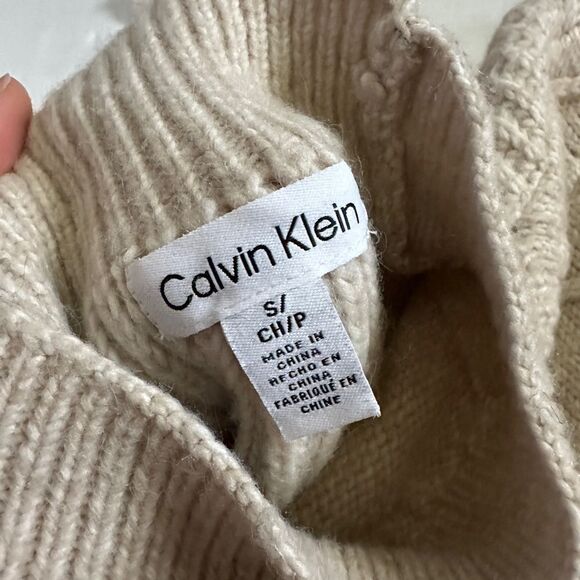 Calvin Klein Neutral Beige Chunky Knit Mockneck Popcorn Sweater - Picture 5 of 8